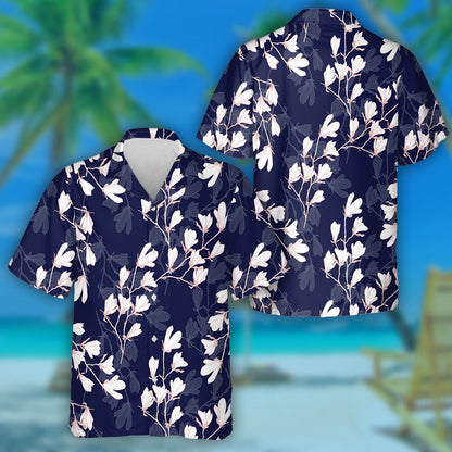 Bláth Violet Rómánsúil Uiscedhatha Agus Duilleoga ar Léine Haváí Dearadh Bán, Bronntanas Léine Haváís, Bronntanas Nollag