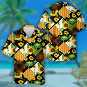 Abstract Patchwork Geometric Theme Design With Sunflowers Hawaiian Shirt, Hawaiian Shirt Gift, Christmas Gift