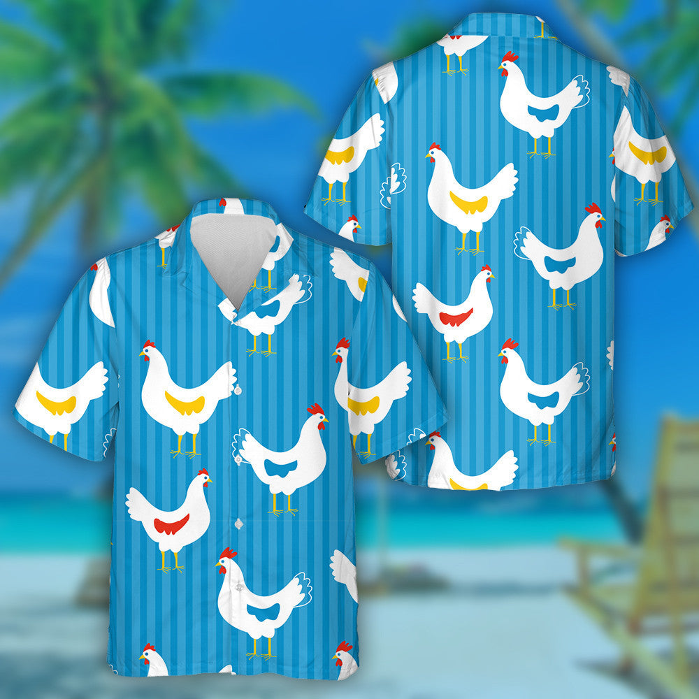 Beautiful Chicken Hen On Striped Blue Hawaiian Shirt, Hawaiian For Gift