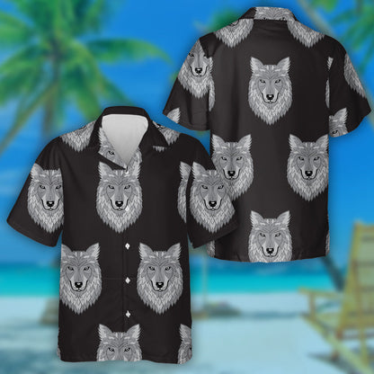 Embroidery Wolf Gray Head In Vintage Style Hawaiian Shirt, Hawaiian Shirt Gift, Christmas Gift