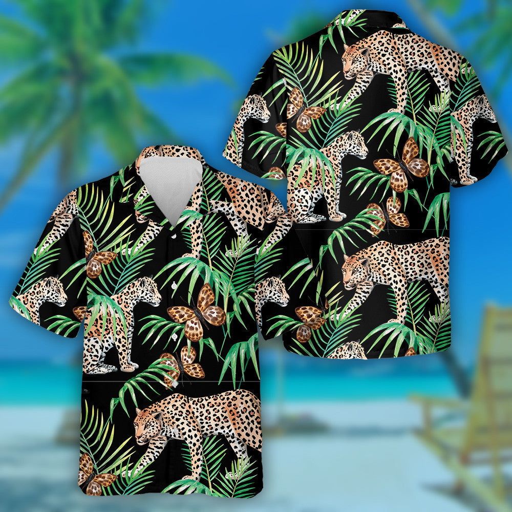 Leopard With Butterfly And Palm Tropical Watercolor Hawaiian Shirt, Hawaiian Shirt Gift, Christmas Gift