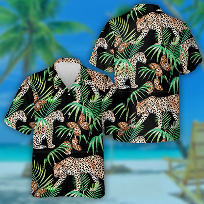 Leopard With Butterfly And Palm Tropical Watercolor Hawaiian Shirt, Hawaiian Shirt Gift, Christmas Gift