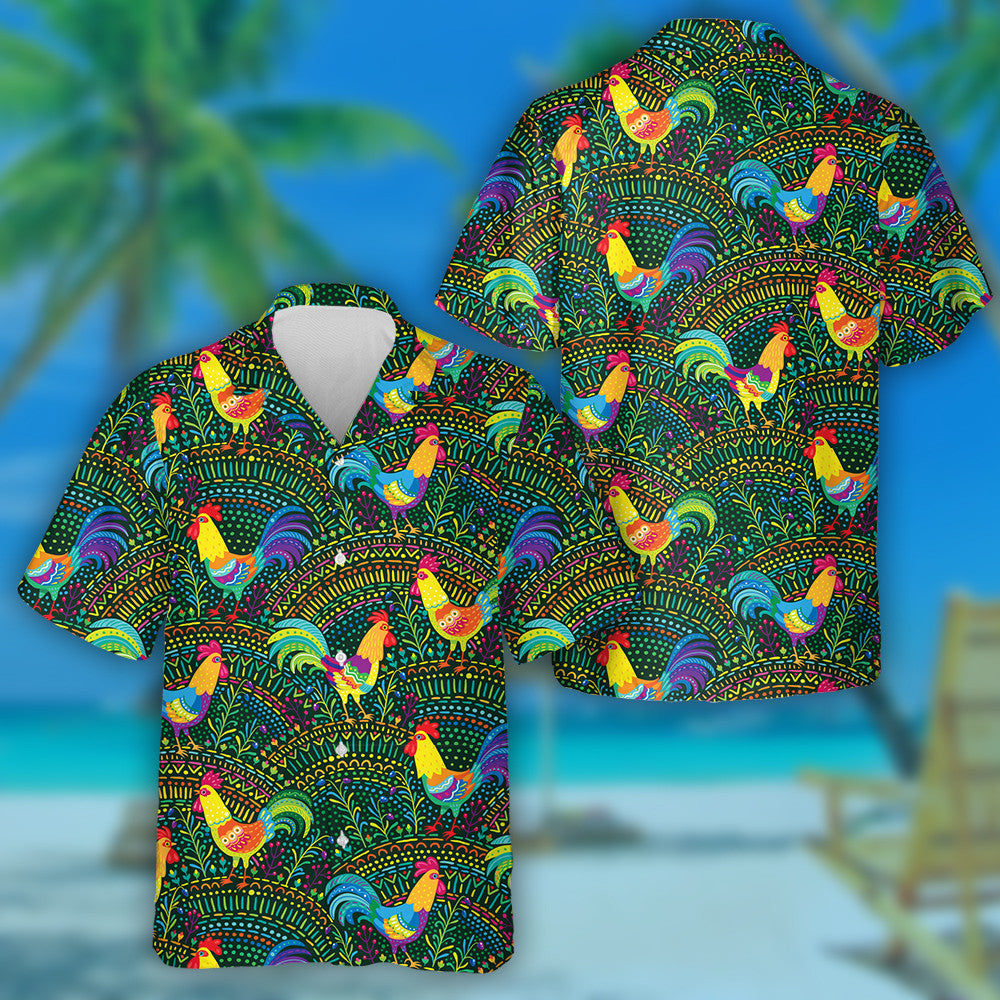 Multicolor Chicken In Floral Ornament Background Hawaiian Shirt,Hawaiian Shirt Gift, Christmas Gift