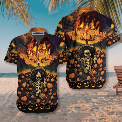 The Burning Pumpkin Sky And Skeleton Halloween Design Hawaiian Shirt, Hawaiian Shirt Gift, Christmas Gift