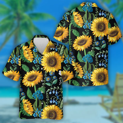 Patrún Hippie Bláthanna Gorma Agus Lus na Gréine ar Chúlra Dubh Léine Haváís, Bronntanas Léine Haváís, Bronntanas Nollag