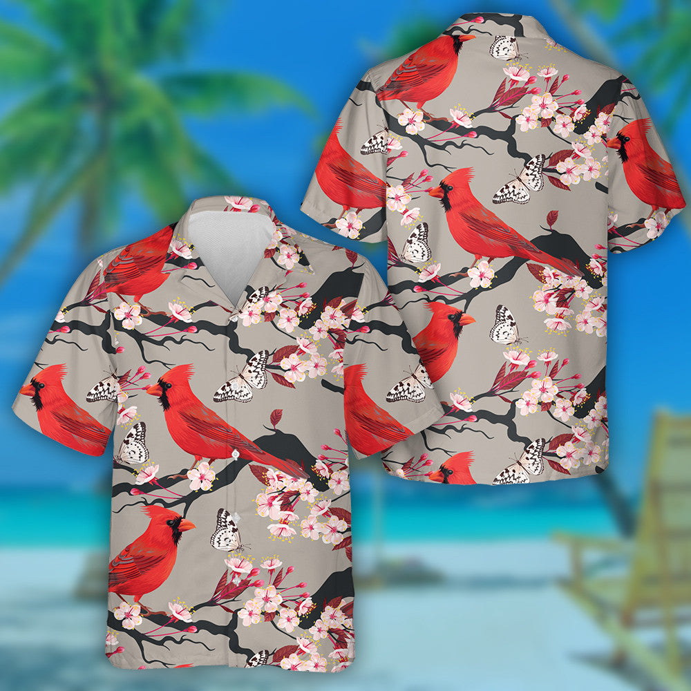 Red Cardinal Bird And Blooming Cherry Hawaiian Shirt,Hawaiian Shirt Gift, Christmas Gift