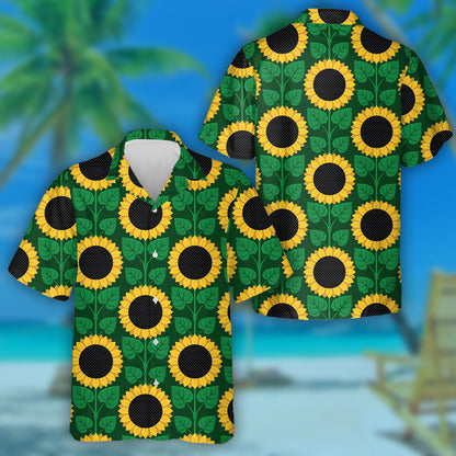 Illustrated Black Circle Sunflowers And Leaves Pattern Hawaiian Shirt, Hawaiian Shirt Gift, Christmas Gift