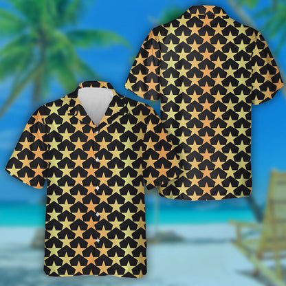 Modern Black And Gold Patriotic Stars Pattern Hawaiian Shirt, Hawaiian Shirt Gift, Christmas Gift