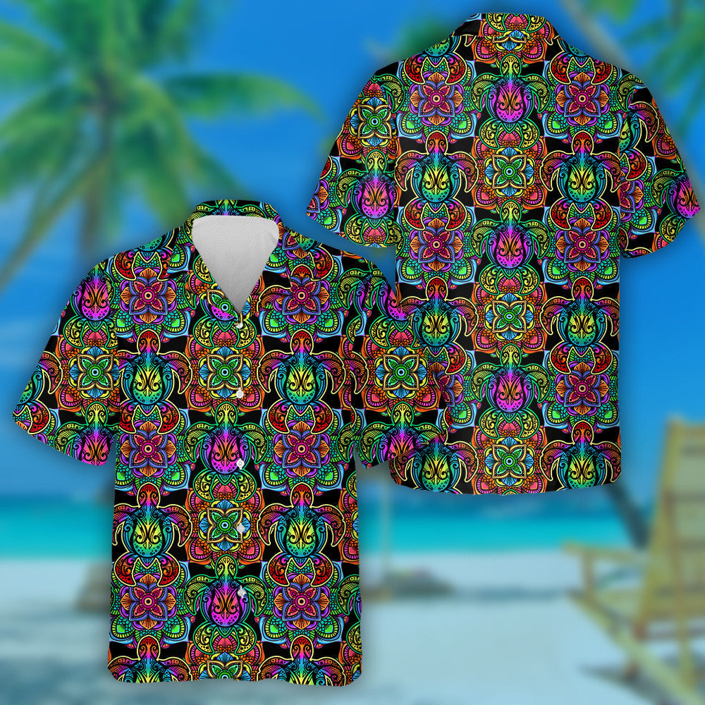 Sea Turtle Psychedelic Multicolor With Lotuses Hawaiian Shirt,Hawaiian Shirt Gift, Christmas Gift
