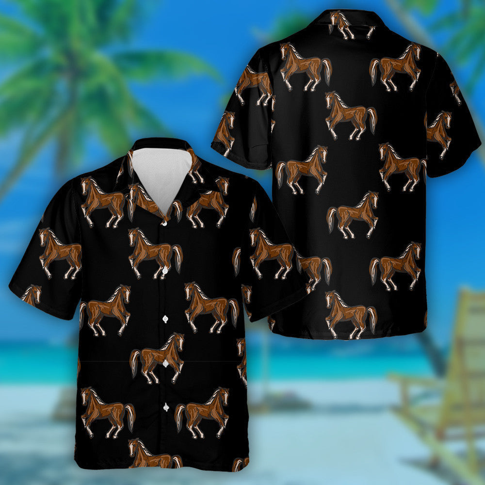Brown Horses In Landscape On Black Hawaiian Shirt, Hawaiian For Gift