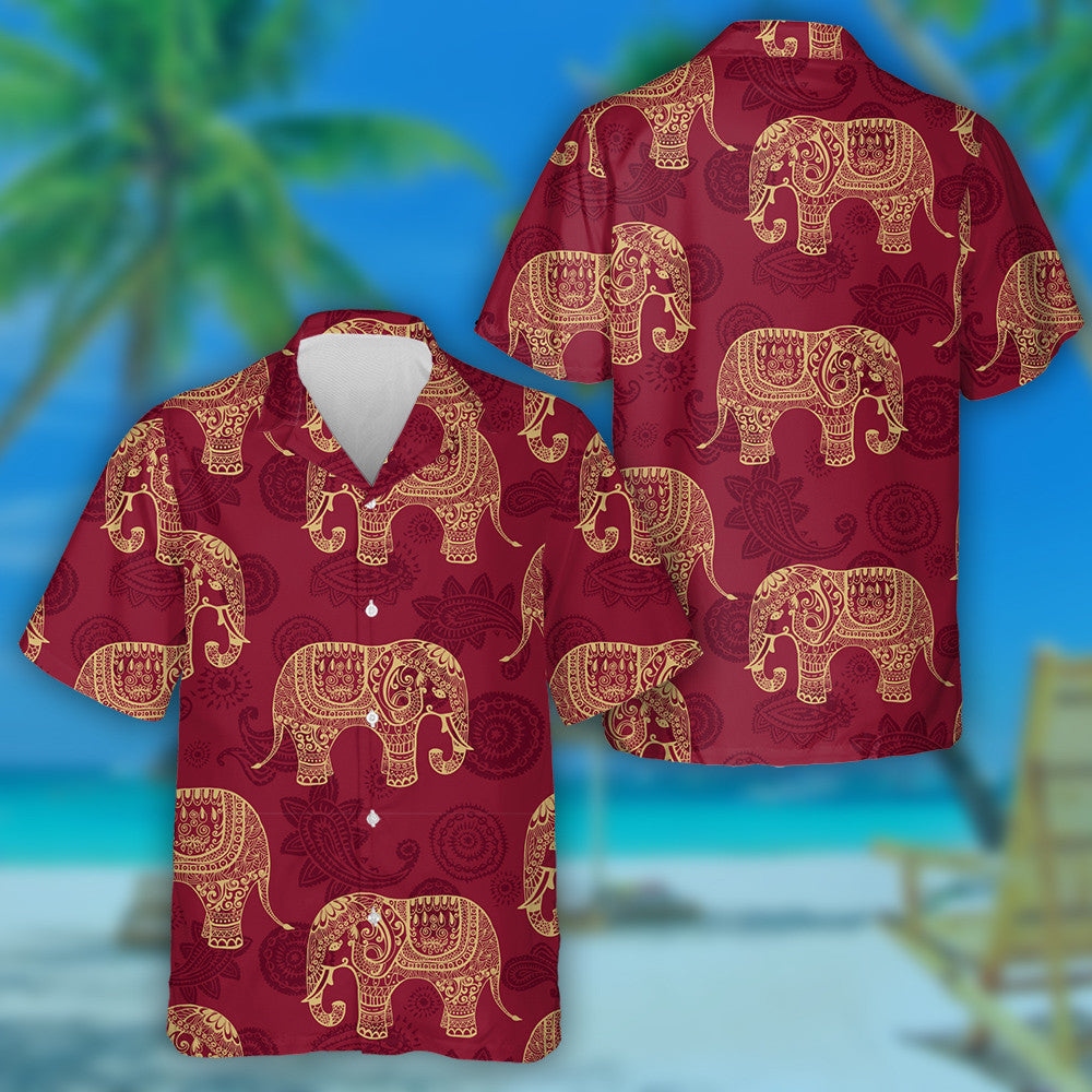 Clear Texture Stylized Elephant On Red Background Hawaiian Shirt, Hawaiian Shirt Gift, Christmas Gift