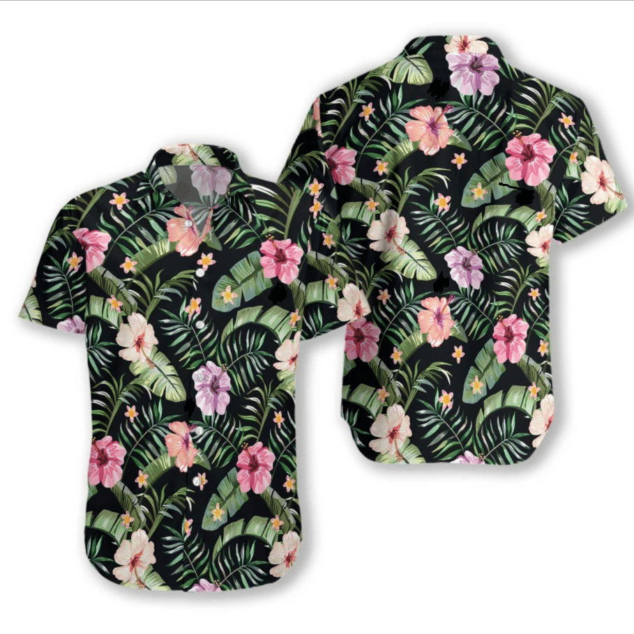 Pink Flower And Tropical Leaves Pattern Hawaiian Shirt,Hawaiian Shirt Gift, Christmas Gift