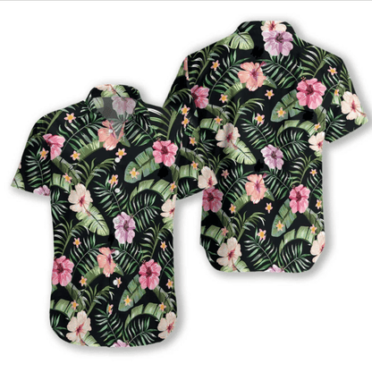 Pink Flower And Tropical Leaves Pattern Hawaiian Shirt,Hawaiian Shirt Gift, Christmas Gift