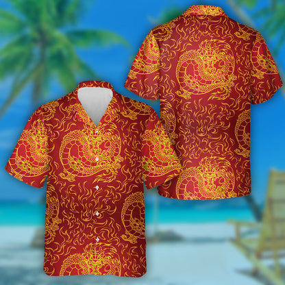 Asian Dragon And Fire On Red Background Hawaiian Shirt, Hawaiian Shirt Gift, Christmas Gift