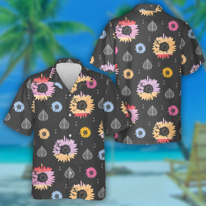 Colorful Sunflowers And Elliptical Leaves On Dark Background Hawaiian Shirt, Hawaiian Shirt Gift, Christmas Gift