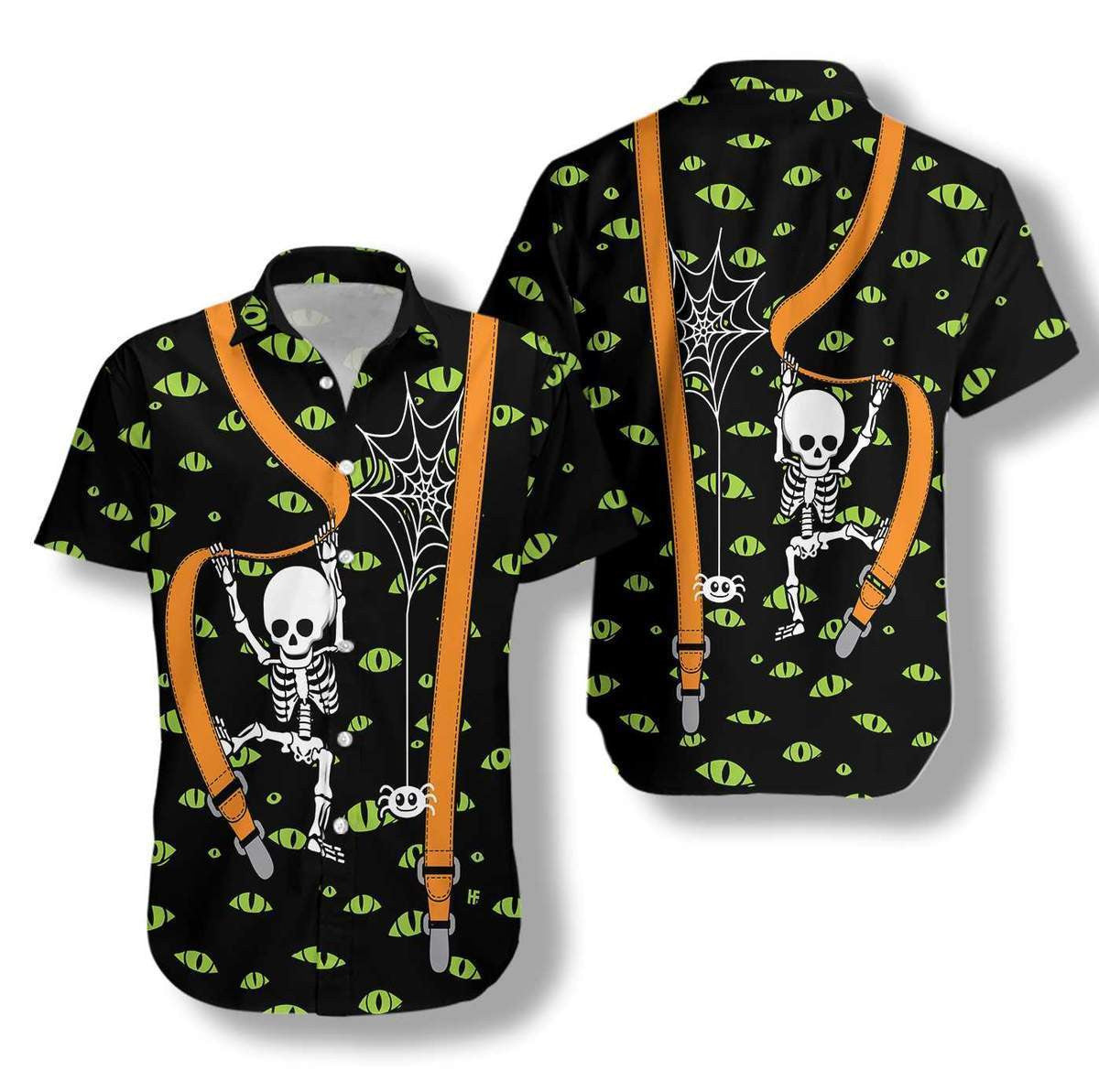 Halloween Skeleton And Monster Eyes Pattern Hawaiian Shirt, Hawaiian For Gift