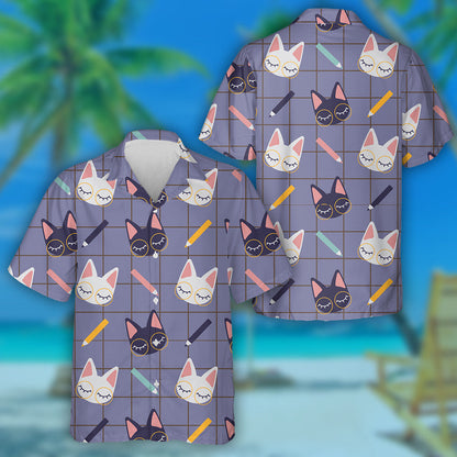 Gleoite ag déanamh staidéir ar chait agus ar phinn luaidhe ar Léine haváíais checkered, bronntanas Léine haváíais, bronntanas Nollag