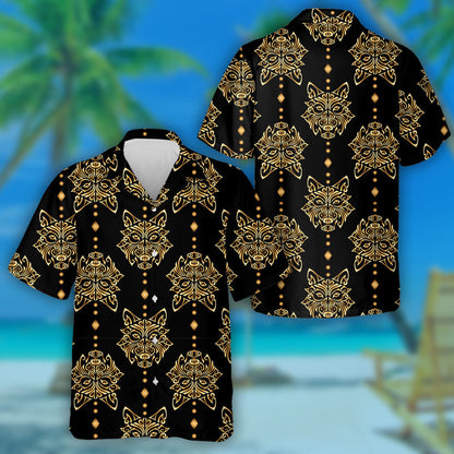 Golden Wolf Head Stylized Maori Face Tattoo Léine Haváí, Bronntanas Léine Haváís, Bronntanas Nollag