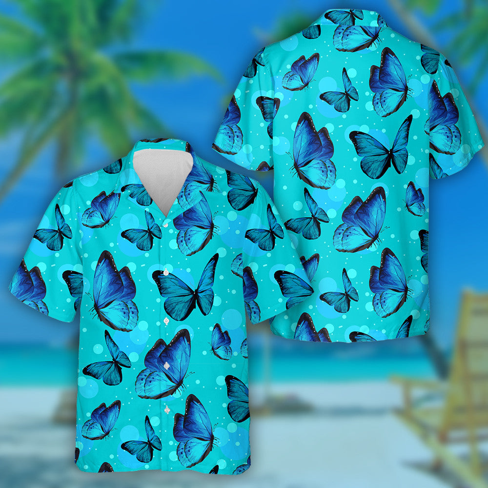 Theme Turquise Butterflies And Blue Bubbles Hawaiian Shirt,Hawaiian Shirt Gift, Christmas Gift