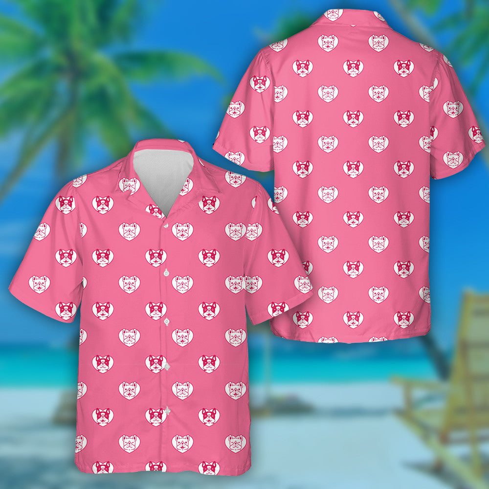 French Bulldog Pink Heart Valentine Cartoon Hawaiian Shirt, Hawaiian Shirt Gift, Christmas Gift