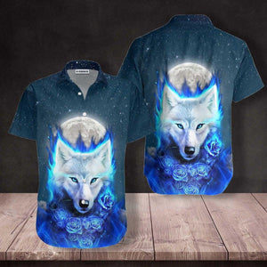 White Wolf Galaxy And Big Moon Behind Hawaiian Shirt, Hawaiian Shirt Gift, Christmas Gift