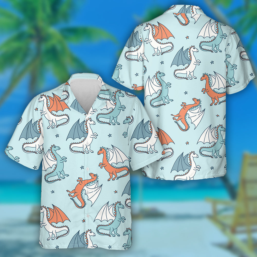 Cute Cartoon Dragons And Stars On Light Hawaiian Shirt, Hawaiian Shirt Gift, Christmas Gift