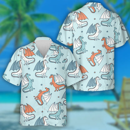 Cute Cartoon Dragons And Stars On Light Hawaiian Shirt, Hawaiian Shirt Gift, Christmas Gift