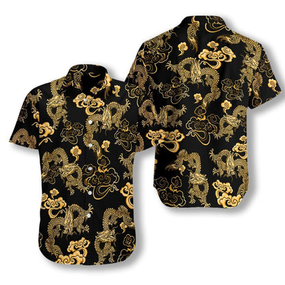 Luxurious Black Gold Oriental Dragon Design Hawaiian Shirt,Hawaiian Shirt Gift, Christmas Gift