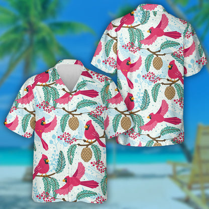 Red Cardinal Birds Pinecones Berries And Branches Hawaiian Shirt, Hawaiian Shirt Gift, Christmas Gift