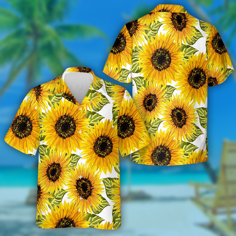 Vibrant Sunflower And Leaves Watercolor Painting Theme Hawaiian Shirt, Hawaiian Shirt Gift, Christmas Gift