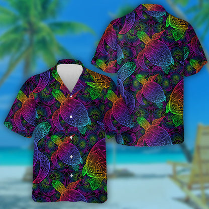 Sea Turtle In Psychedelic Multicolor With Lotuses Hawaiian Shirt, Hawaiian Shirt Gift, Christmas Gift