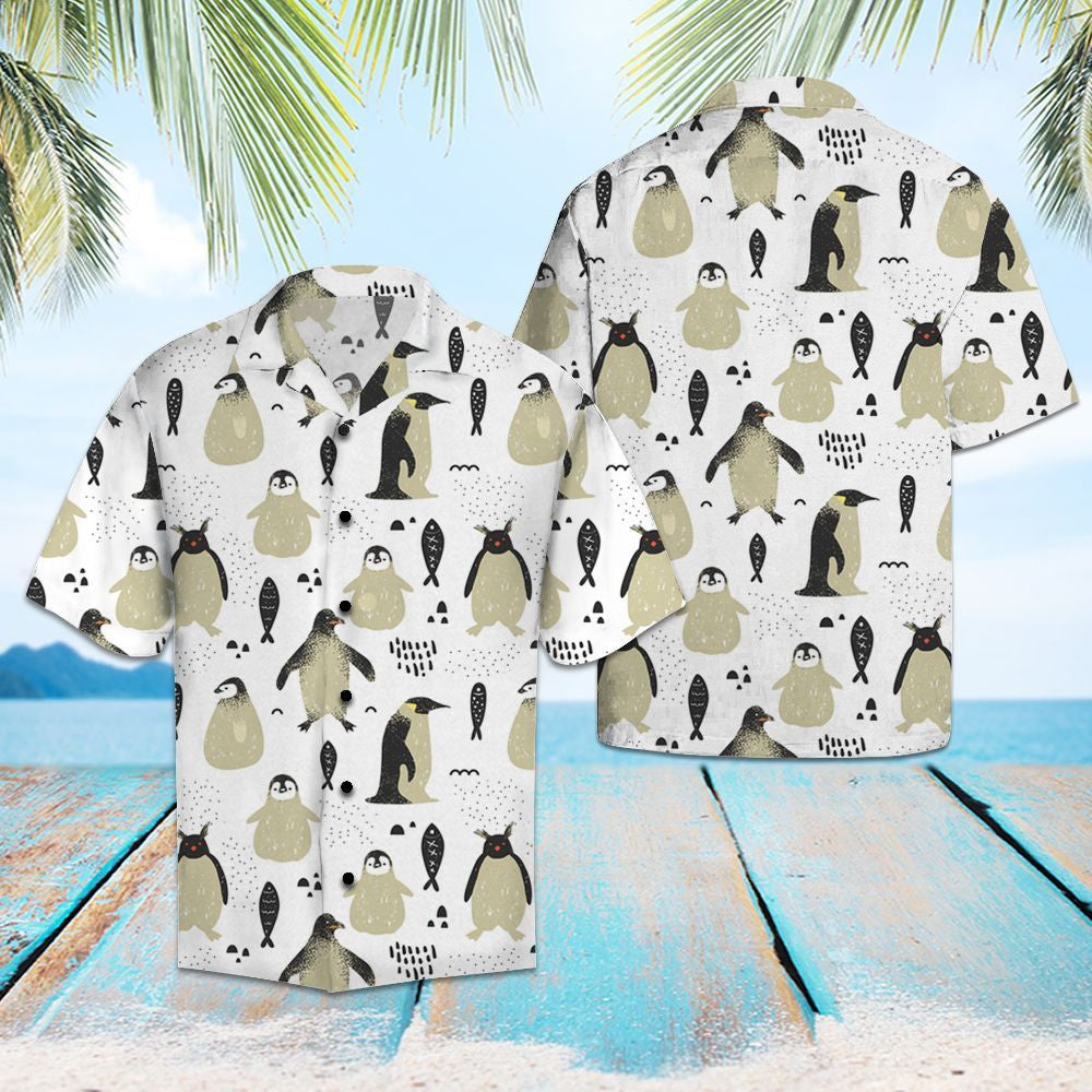 Amazing Penguin Group With Fish Illustration Hawaiian Shirt, Hawaiian For Gift