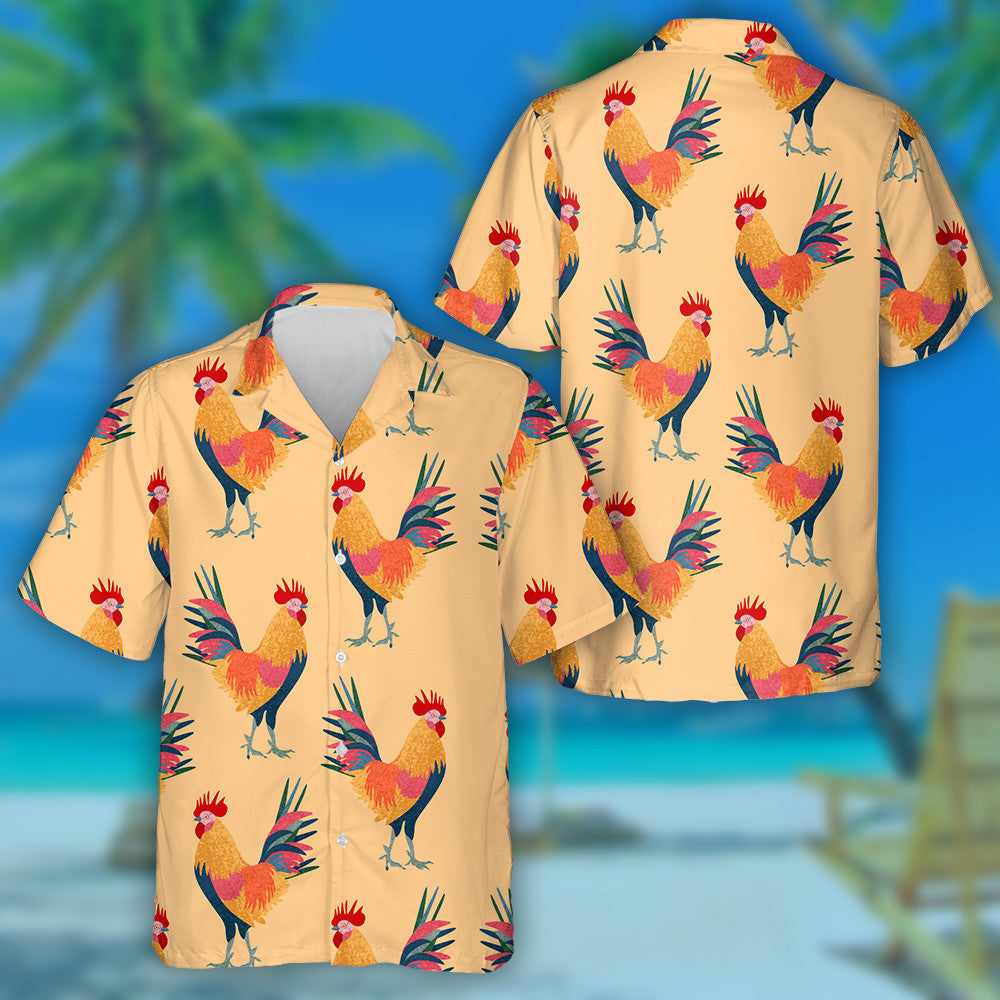 Multicolored Beautiful Chicken Rooster On Light Background Hawaiian Shirt, Hawaiian Shirt Gift, Christmas Gift