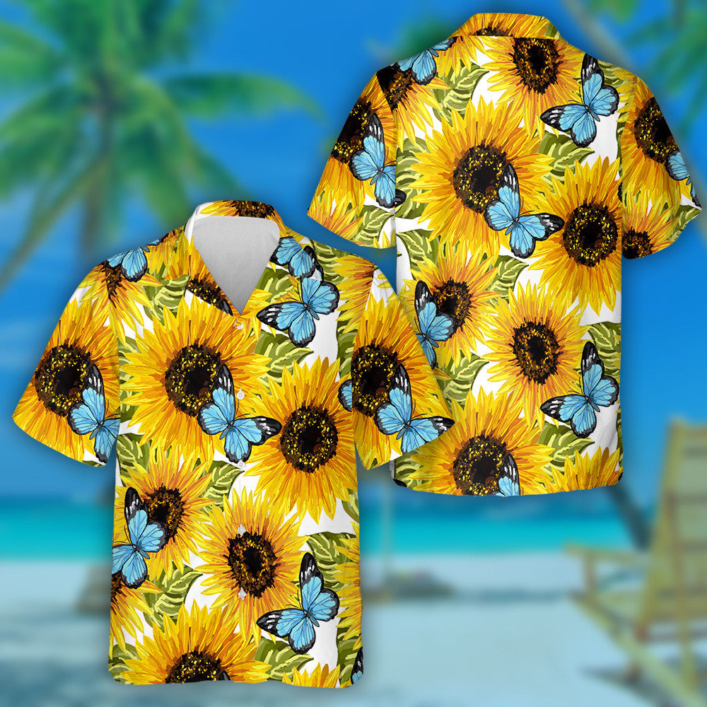 Artistic Blue Butterflies And Sunflowers Artwork Pattern Hawaiian Shirt, Hawaiian Shirt Gift, Christmas Gift