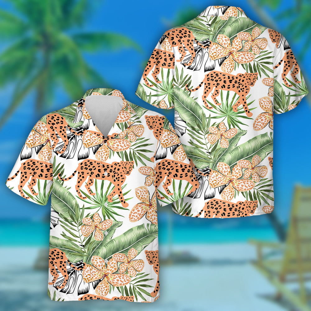 Ainmhithe Liopard Oráiste Agus Duilleoga Palm Banana Glas Léine Haváís, Bronntanas Léine Haváís, Bronntanas Nollag