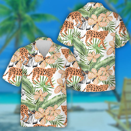 Ainmhithe Liopard Oráiste Agus Duilleoga Palm Banana Glas Léine Haváís, Bronntanas Léine Haváís, Bronntanas Nollag