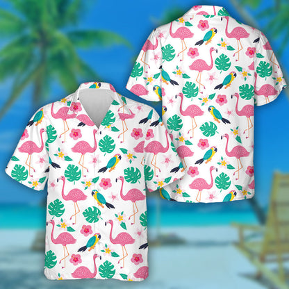 Exotic Leaves Flowers Flamingo And Parrot Hawaiian Shirt,Hawaiian Shirt Gift, Christmas Gift