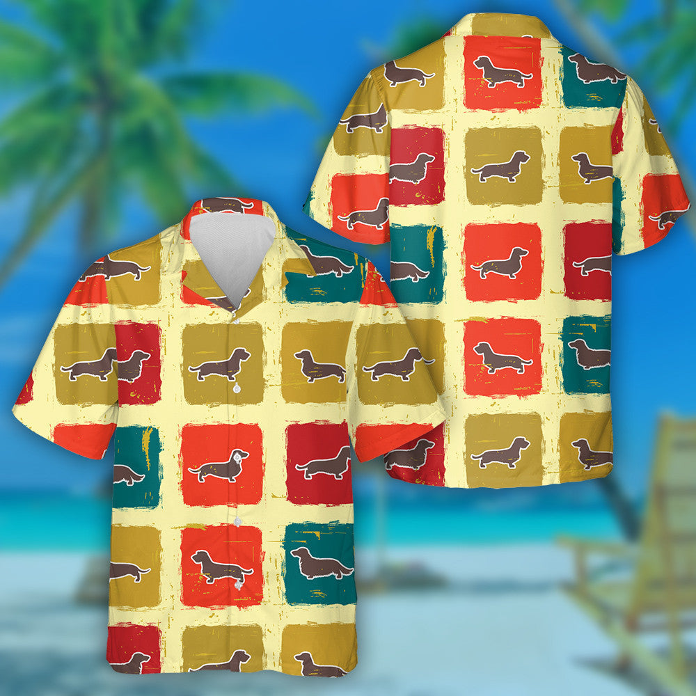Theme Dachshund In Retro Color Squares Hawaiian Shirt,Hawaiian Shirt Gift, Christmas Gift