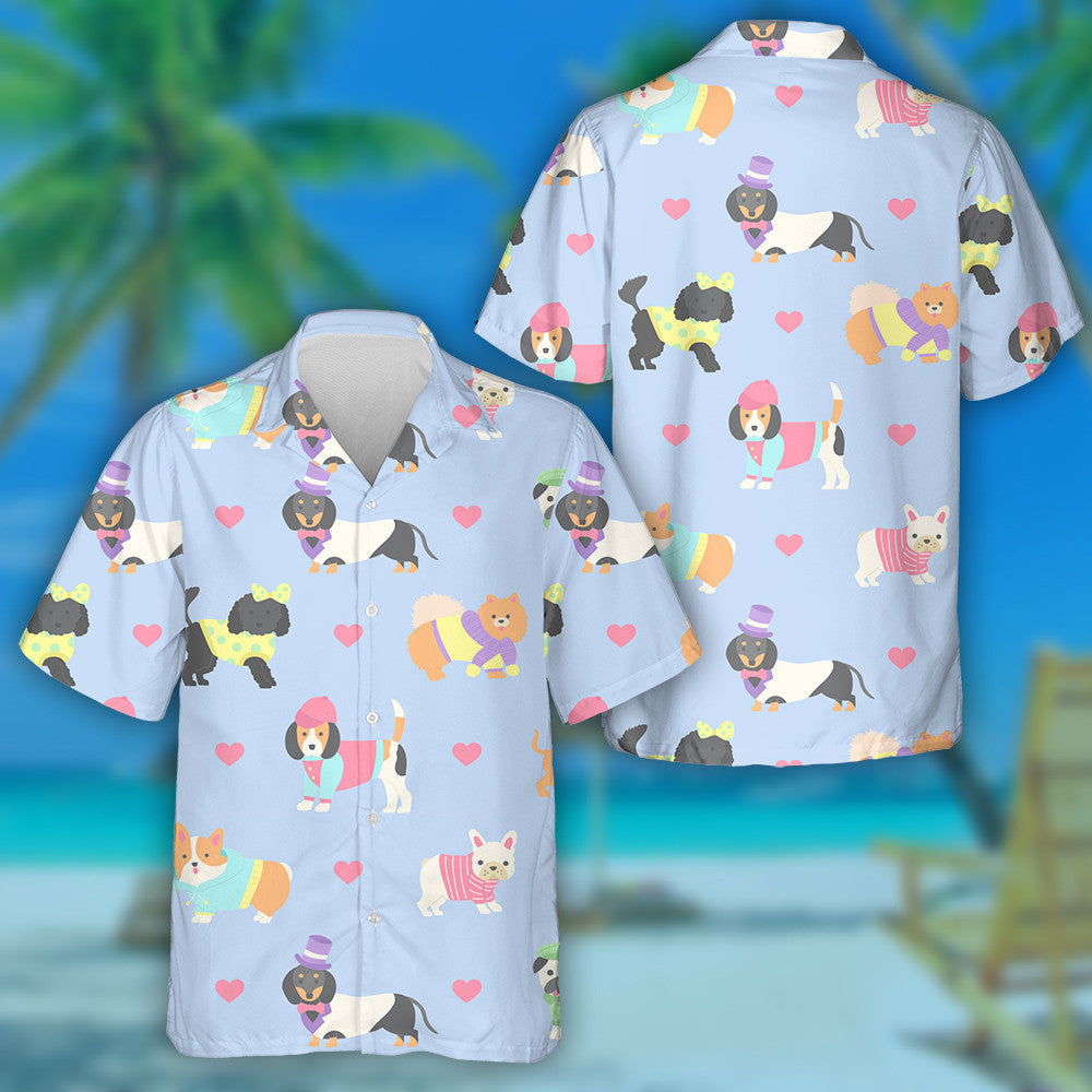 Madraí gleoite ag caitheamh éadaí ar Léine gorm Haváís, bronntanas Léine Haváís, bronntanas Nollag