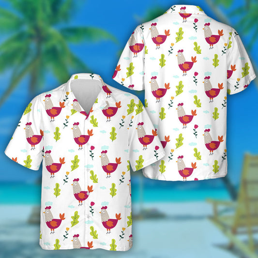 Flowers And Leaves With Funny Chicken Hawaiian Shirt,Hawaiian Shirt Gift, Christmas Gift