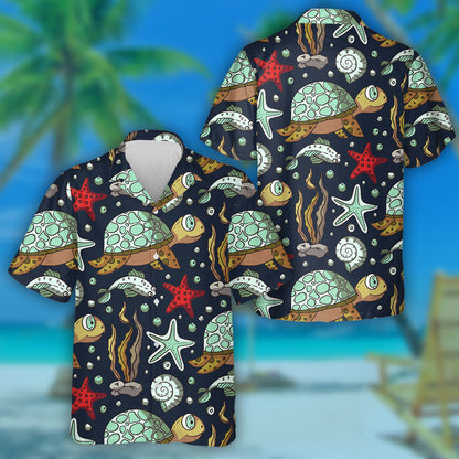Hand Drawn Summer Ocean Cartoon Turtle Hawaiian Shirt, Hawaiian Shirt Gift, Christmas Gift