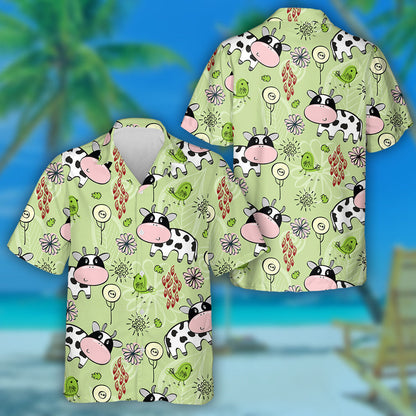 Hand Draw Baby Cows And Green Bird Hawaiian Shirt, Hawaiian Shirt Gift, Christmas Gift