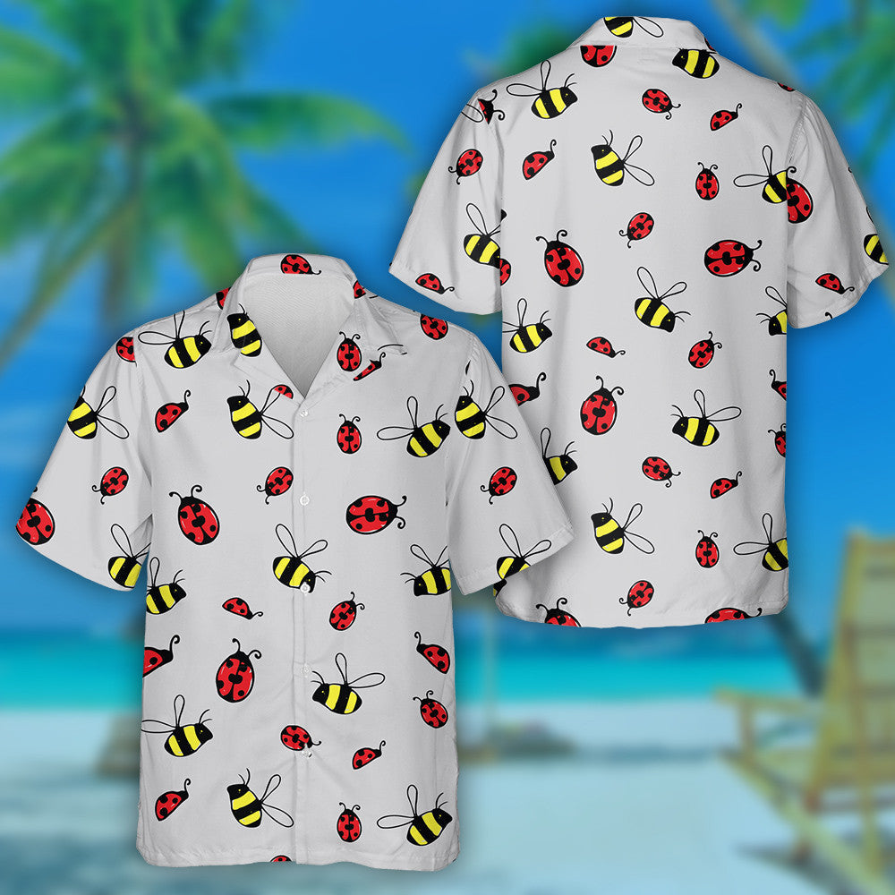 Natural Summer Bumblebee And Ladybug On The Gray Hawaiian Shirt, Hawaiian Shirt Gift, Christmas Gift