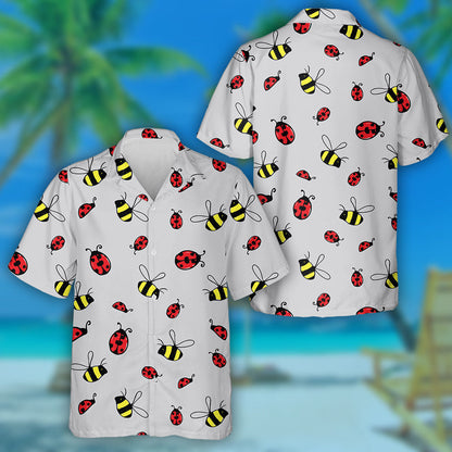 Natural Summer Bumblebee And Ladybug On The Gray Hawaiian Shirt, Hawaiian Shirt Gift, Christmas Gift