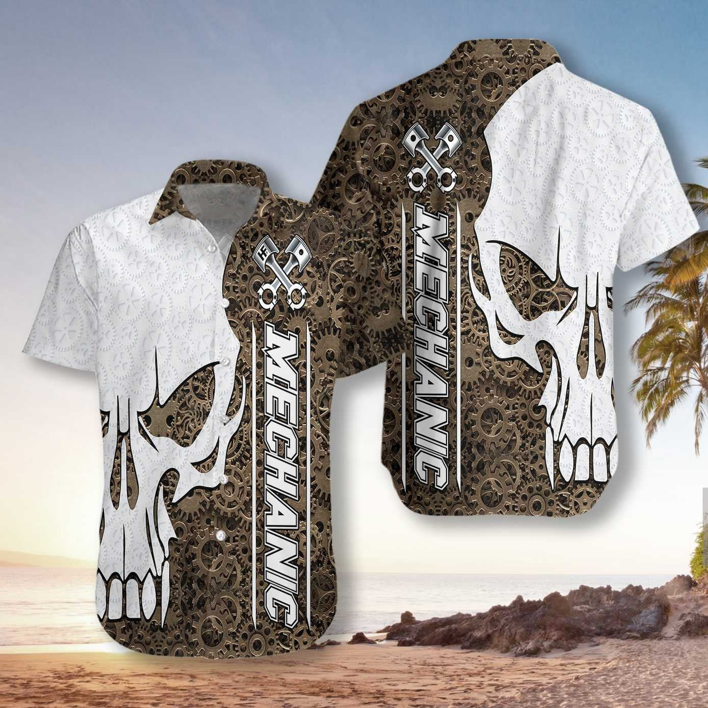 Cool Mechanic Camo Pattern Skull Design Hawaiian Shirt,Hawaiian Shirt Gift, Christmas Gift