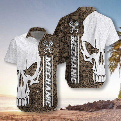 Cool Mechanic Camo Pattern Skull Design Hawaiian Shirt,Hawaiian Shirt Gift, Christmas Gift