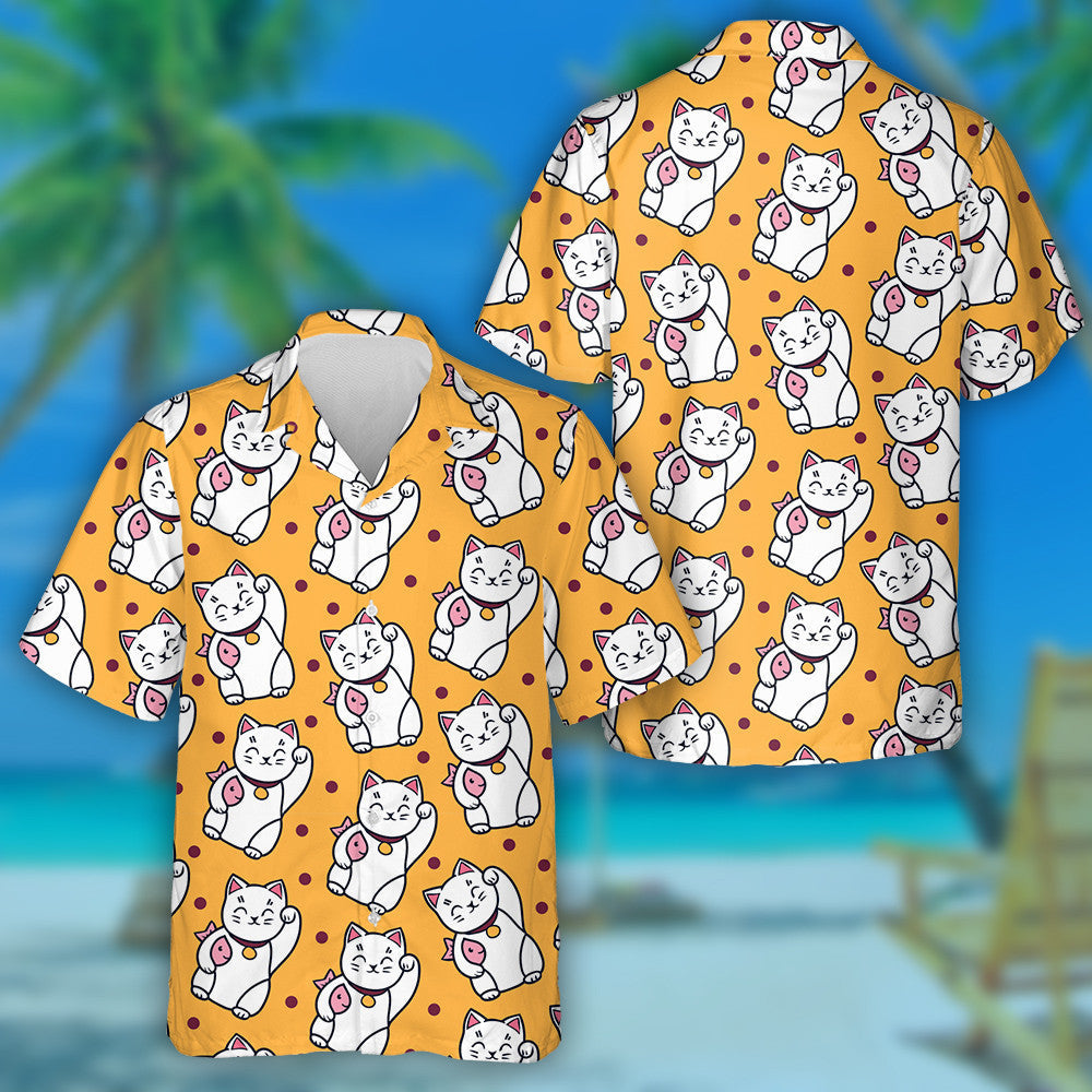 Maneki Neko Cat With Fish On Yellow Hawaiian Shirt, Hawaiian Shirt Gift, Christmas Gift
