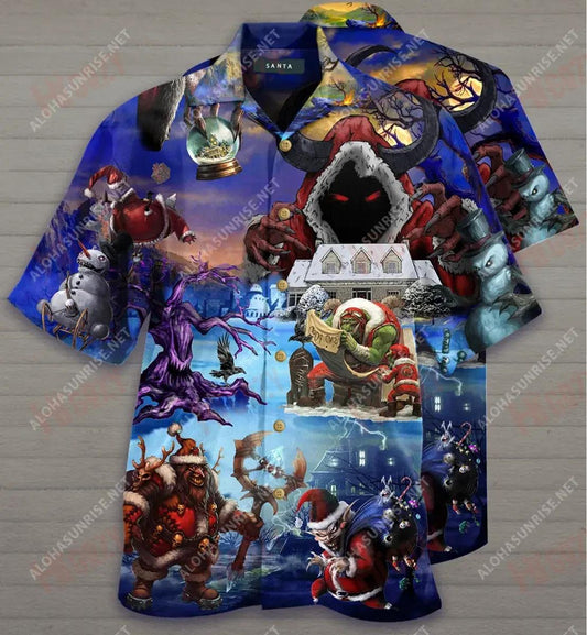 Scary Santa Nollag Gearr Léine Haváís Laethanta Saoire Muinchille Gearr Léinte Seanré Haváíais Léinte haváíais d'Fhir, Bronntanas Léine Haváís, Bronntanas Nollag