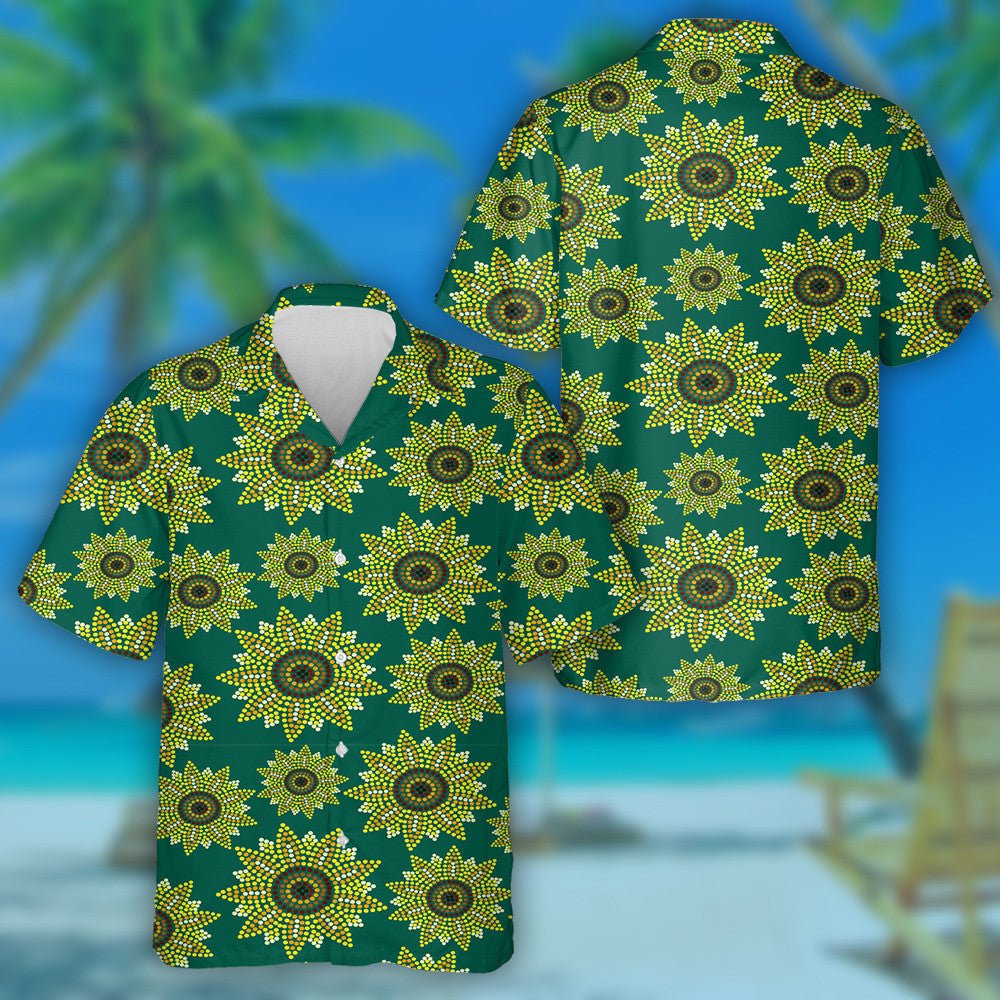Mosaic Dots Sunflowers On Green Background Hawaiian Shirt,Hawaiian Shirt Gift, Christmas Gift