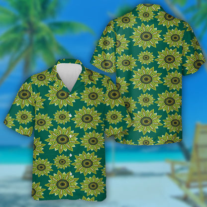 Mosaic Dots Sunflowers On Green Background Hawaiian Shirt,Hawaiian Shirt Gift, Christmas Gift